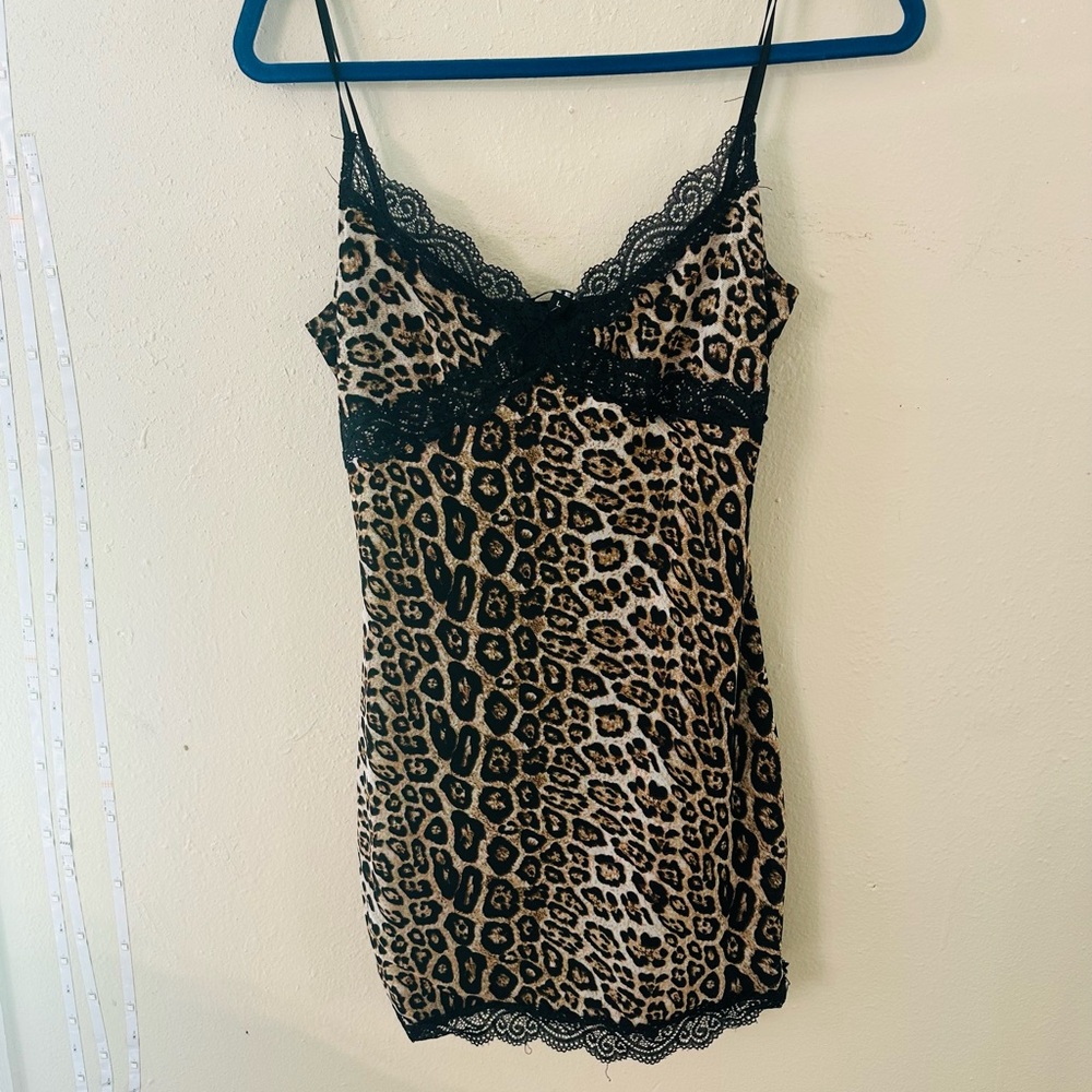 Leopard Lace-Trim Slip Chemise - Black & Tan